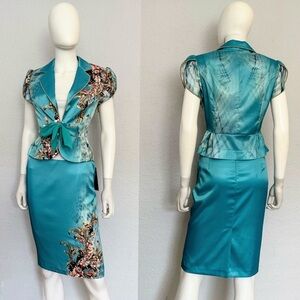 🔥NWT SATIN SKIRT SUIT SET BLAZER/TOP/PENCIL SKIRT FLORAL PRINT SHORT‎ SLEEVES